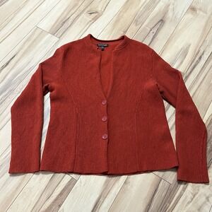 Eileen Fisher 100% Merino Wool Button Front Cardigan Jacket, Red Sz S Textured